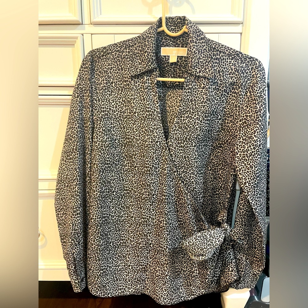 Michael Kors, size M, faux wrap long-sleeved collared blouse. Animal print.